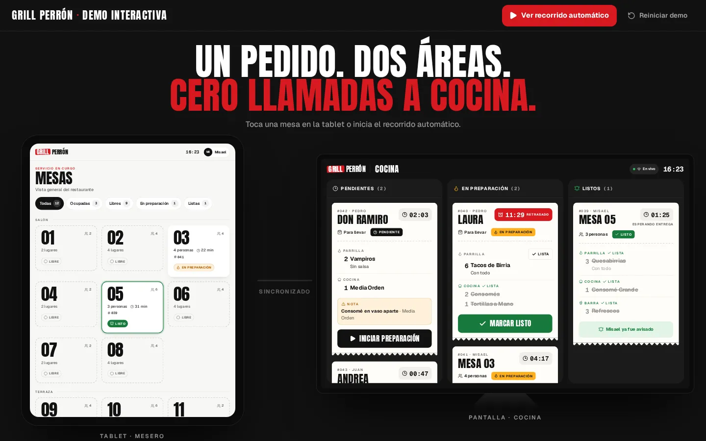 Vista previa de Grill Perrón OS: Recorrido automático de Grill Perrón OS con la tablet del mesero y la pantalla de cocina.